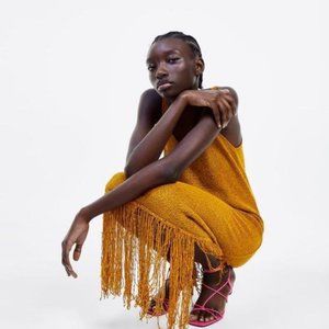 Zara Fringe Dress in Mustard Yellow S